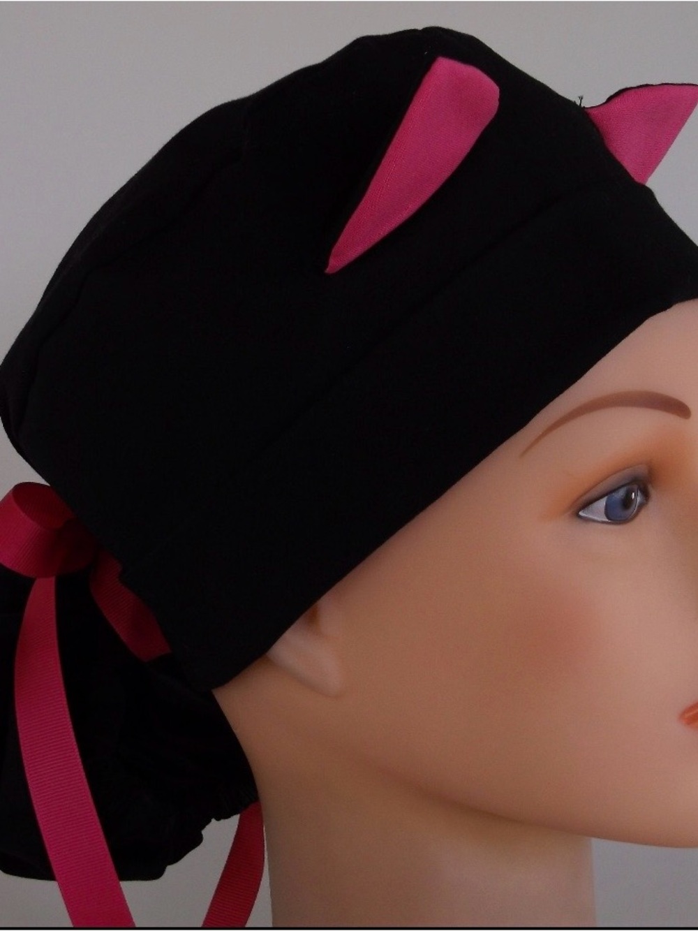Black Scrub Cap with Pink Ear Accents and Ribbon Ties